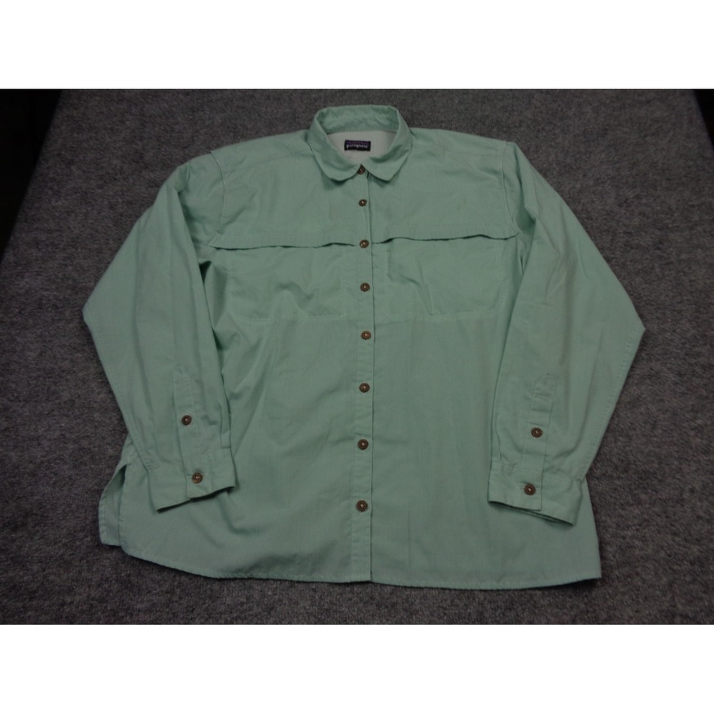 Vtg Patagonia Shirt Womens 12 Green Nylon Performance Long Sleeve Button Up Vent